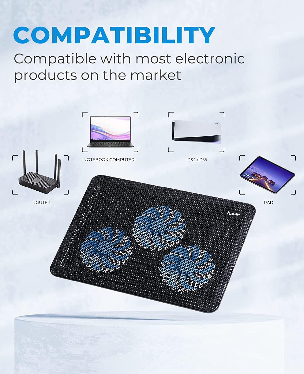 Laptop-kølepude, hv -f2056 15.6 " -17 " laptop-køler med 3 stille blæsere til 12-17 tommer bærbar computer, gaming-blæser, stabil stander, slank