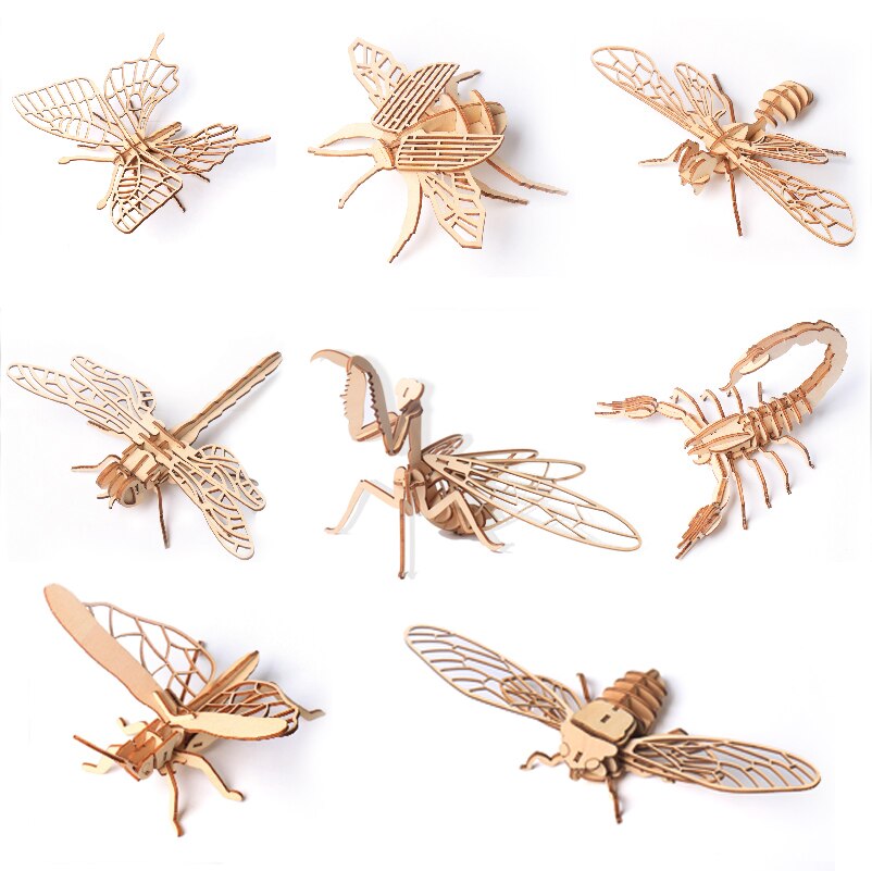 Houten 3D Puzzel Building Model Toy Hout Insect Dier Cicade Mantis Lieveheersbeestje Schorpioen Sprinkhaan Libel Vlinder Bee 1 Pc
