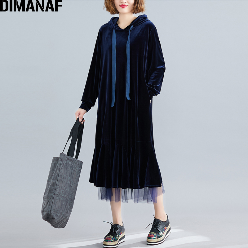 JuliaFashion - New Casual Hooded Vestidos 2024 Autumn Solid Sweatshirt Oversized Hoodies Robe Female Winter Warm Loose Dress