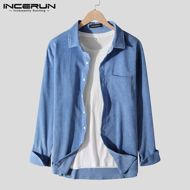 Efterår herre fløjlsskjorte ensfarvet langærmet revers mærke streetwear bluse chic camisa masculina incerun s -3xl