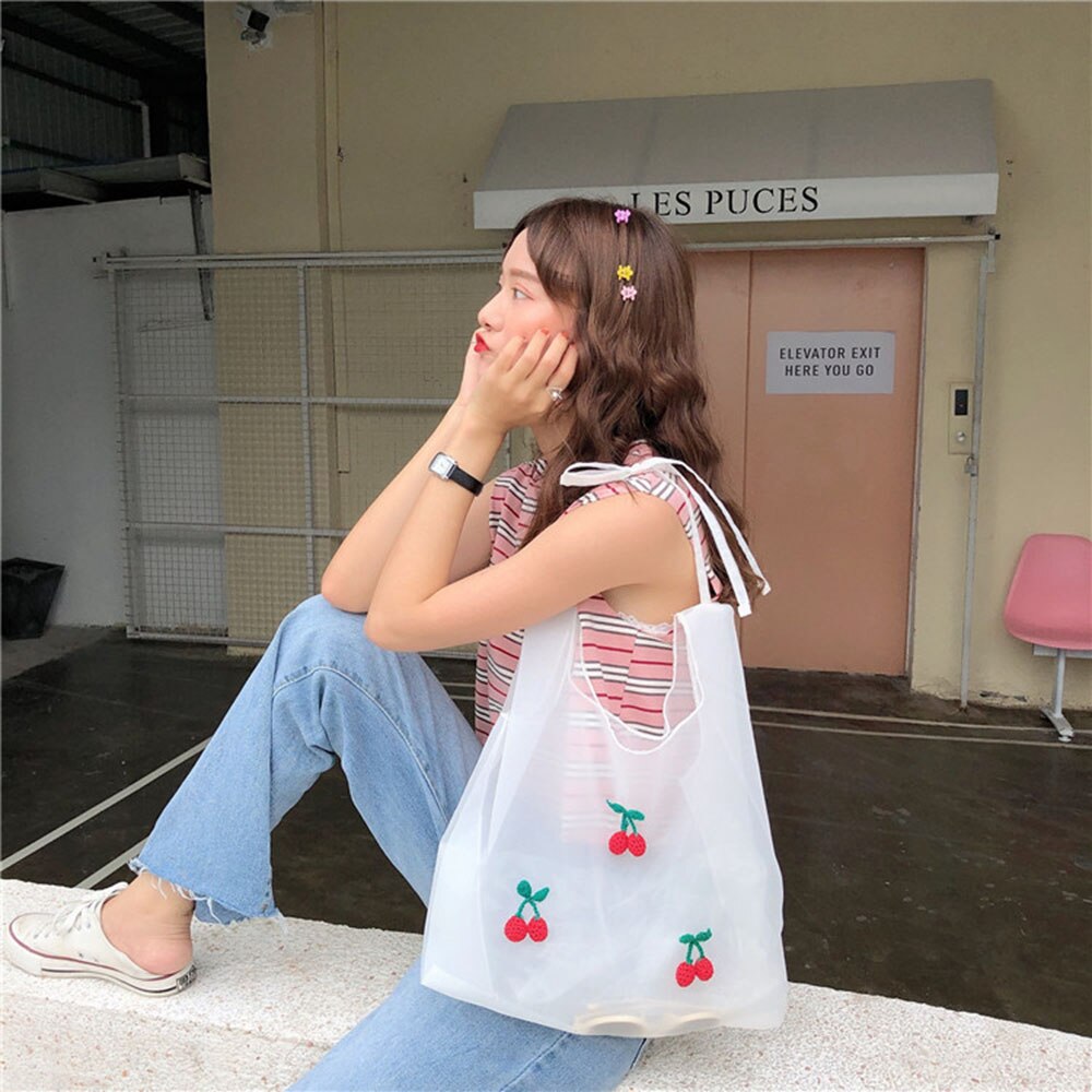 Women Embroidered Light Clear Organza Tote Messenger Shoulder Bags Female Eco Fruit Bag For Girls