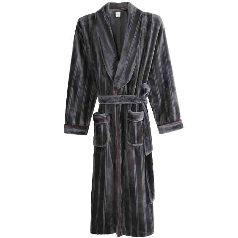 Vinter flanell menn stripet nattøy kappe tykkere frotté kappe mannlig langermet kimono varm badekåpe hjemmebruk peignoir herre kappe