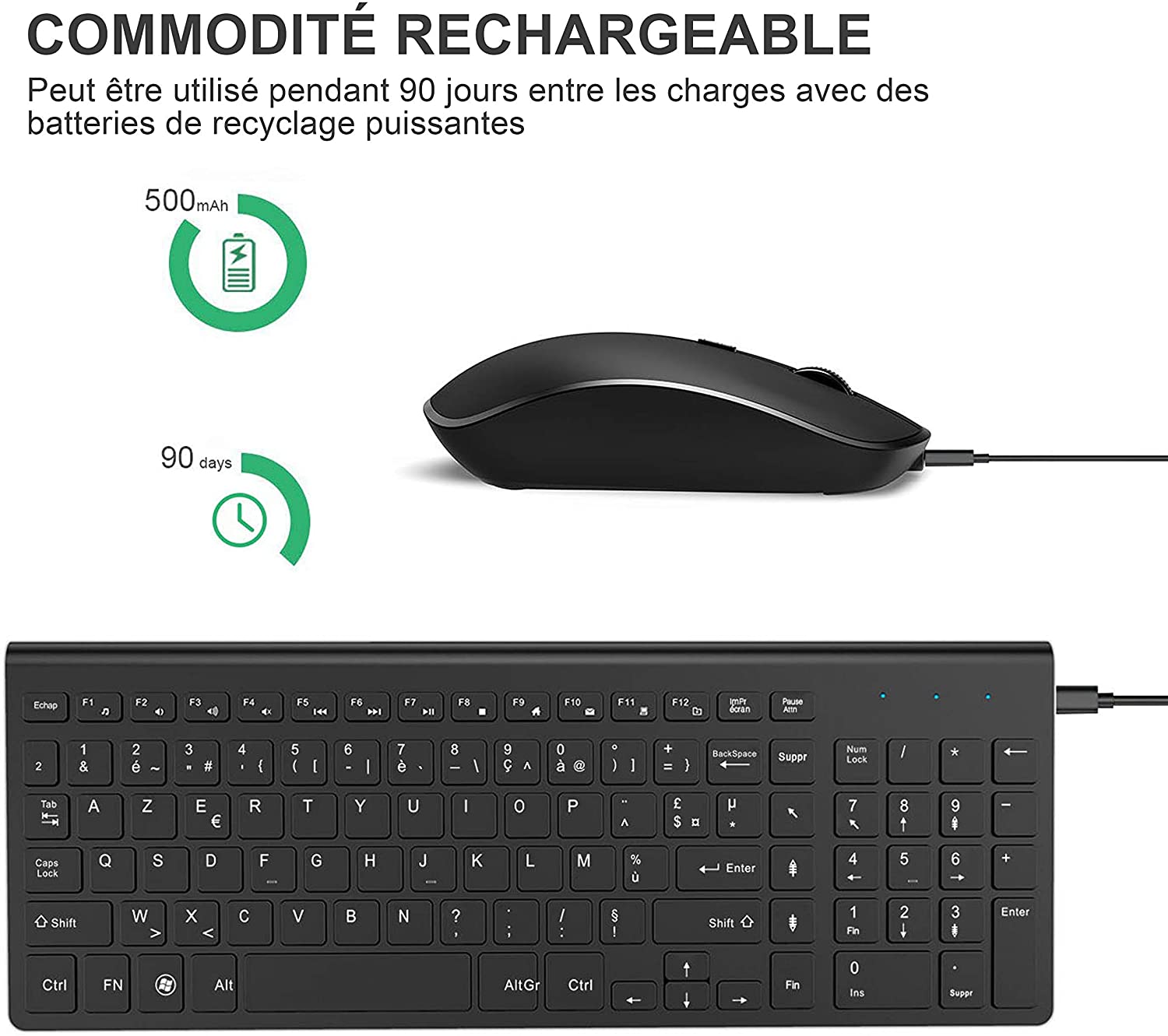 French keyboard wireless mouse and keyboard combination.2.4G.Rechargeable AZERTY keyboard, ergonomic, suitable for PC/laptop/TV