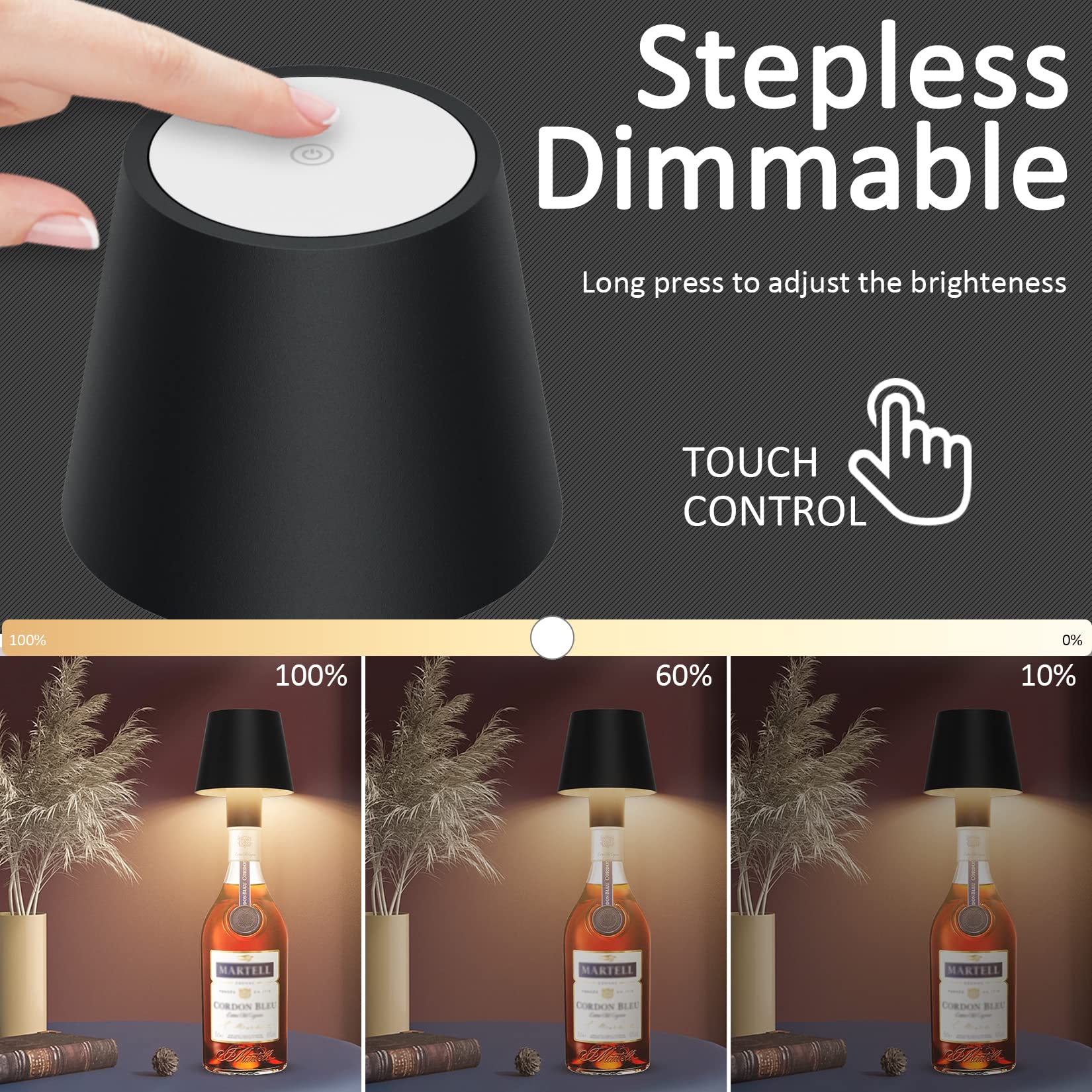 Led-skrivebordslampe med touchfunktion, natlampe med usb-genopladelig touchfunktion, led-bordlamper med 3 niveauer, dæmpbar, trådløs til værelse, arbejdsværelse, kontor, bar