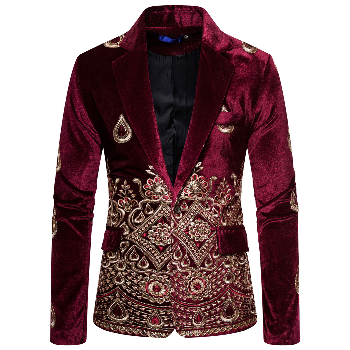 Männer Samt Gold Gewinde Bestickt Blazer männer Paisley Blume Jacke Anzug Bühne Jacke Elegante Hochzeit herren Anzug jacke: Wein rot / XL
