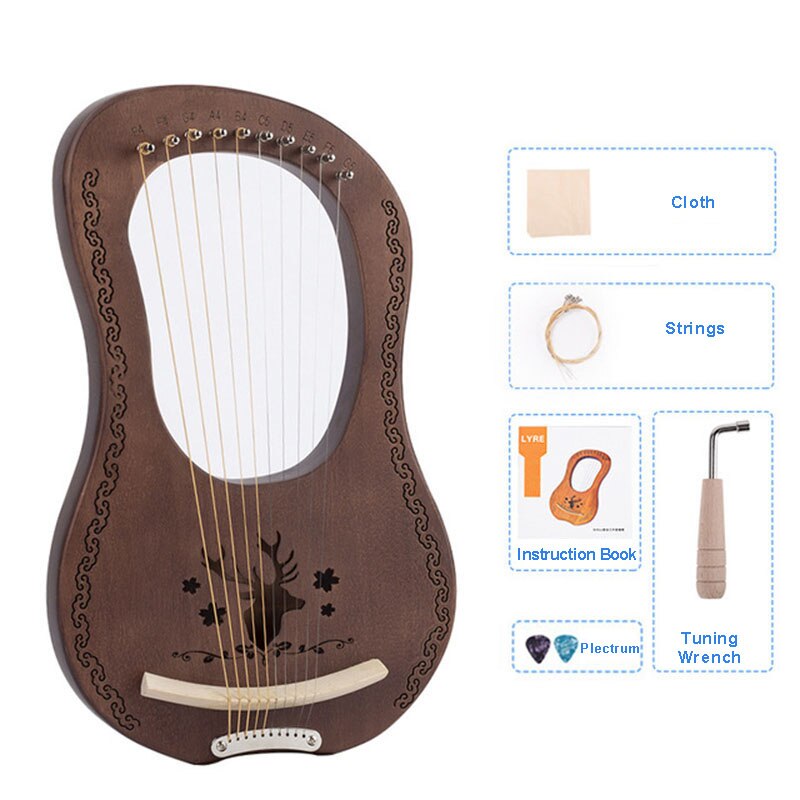 Mahogany 10 Strings Lyre Harp Greek Small Musical Instrument Including Instruction Tuning Wrench Plectrum Cloth For Beginners: Reindeer Retro