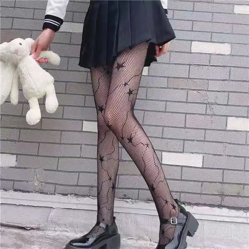 Lolita Ragazze Carino Pentacolo Stampa Collant Donne Sexy Gotico Punk Magico Stella a Cinque Punte Maglia Pesce Net Collant Calze per il Corpo: Beige