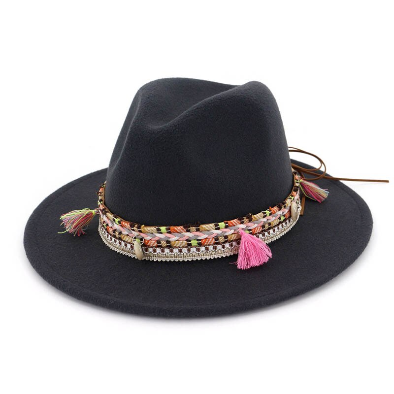 Nationale stijl dames heren wollen fedora hoed voor heren brede rand retro jazz hoed kerk panama paar petten: 3