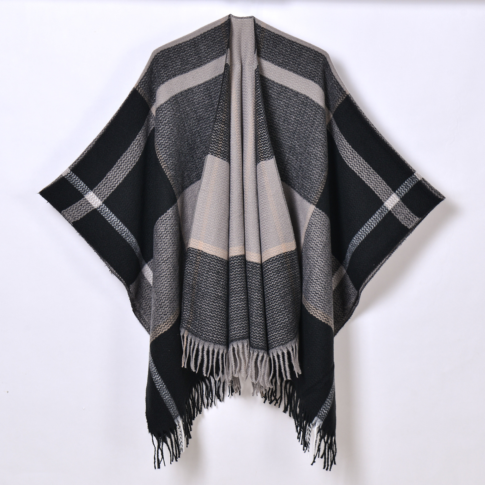 Autumn Winter Warm Tassel Cardigan Poncho Cape Blanket Women Knitted Jacquard Striped Outerwear Shawl Cloak: black
