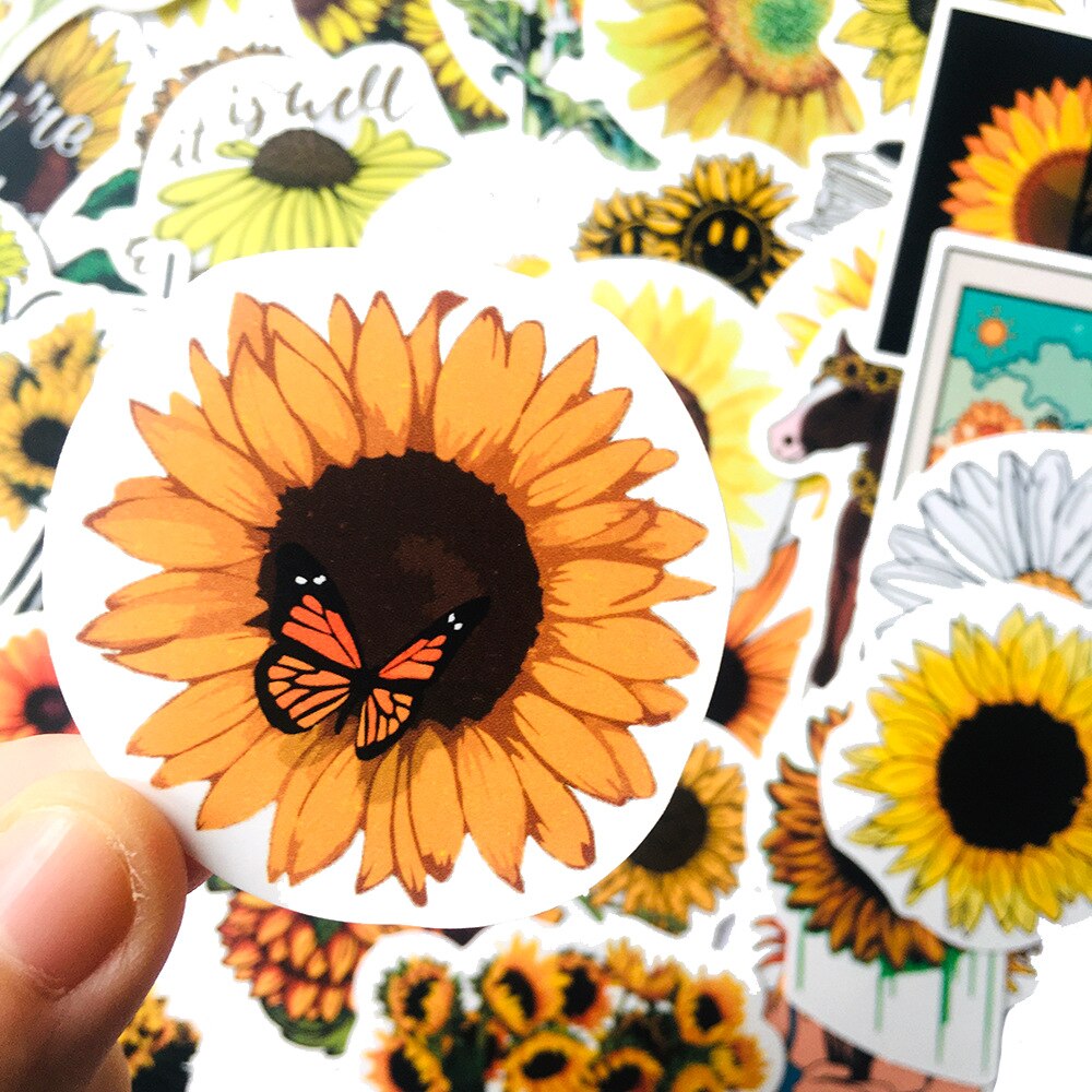 50pcs/Pack Sun Flower Stickers Laptop Bicycle Guitar Skateboard Sticker Kid DIY Graffiti Waterproof Stickers Toy