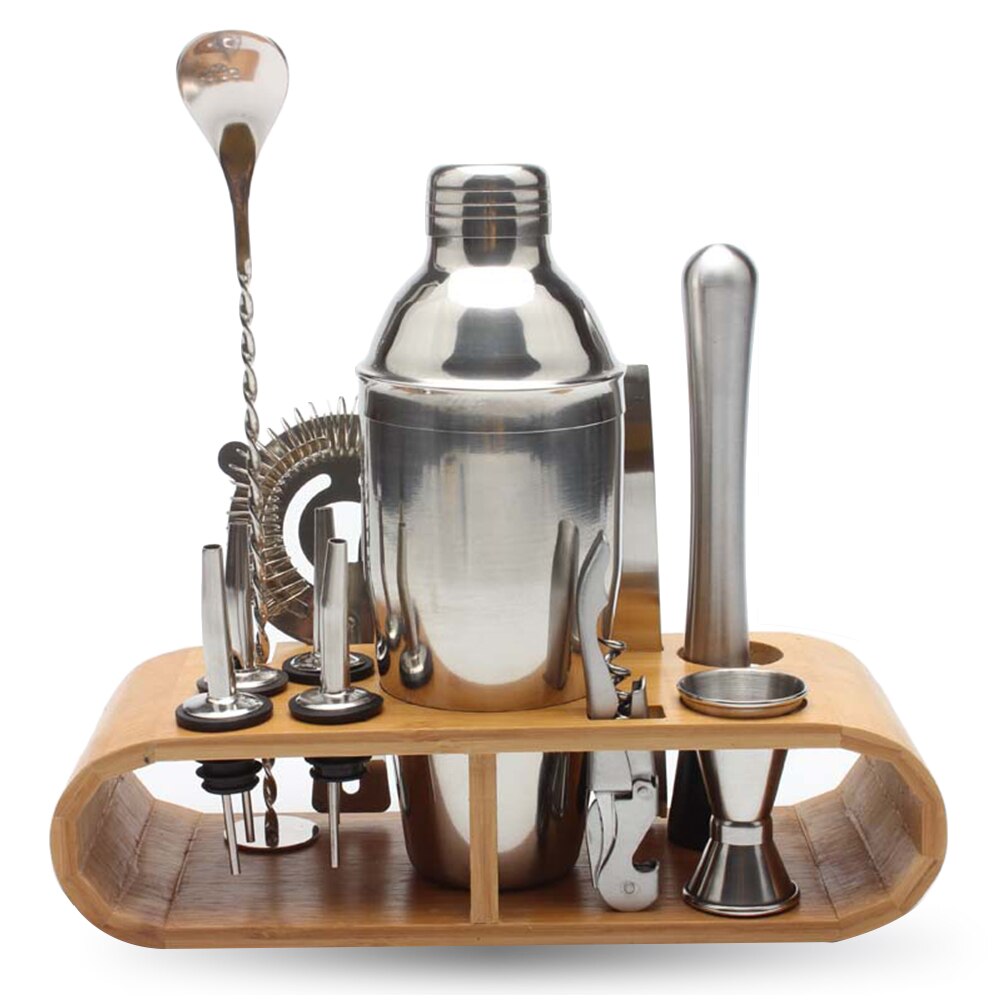 750 ml/550 ml Roestvrij Bar Cocktail Shaker Bar Shaker Set W/Houten Rek Rvs Cocktail Shaker