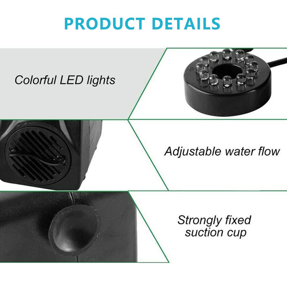 Electric Water Pump Mini Water Pump With 12 LED Bulbs Waterscape Decoration Ilter Fish Pond Water Pump For Submersible Fountain