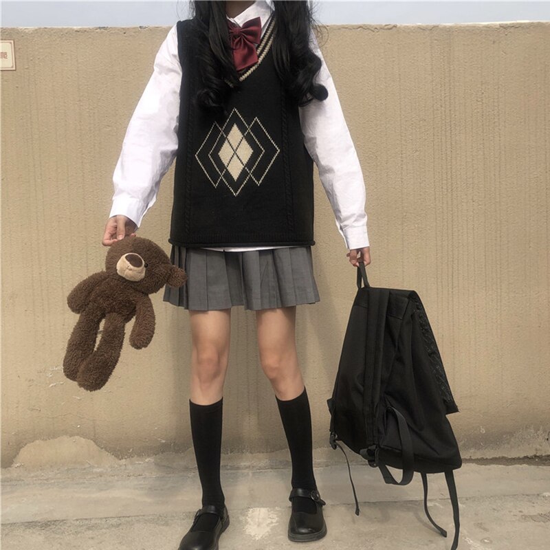 Academic Style Suit Coat + Knitted Sleeveless Vest + Long-Sleeved Shirt JK japanese school uniform school girl outfit: only skirt