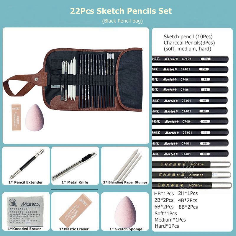 22Pcs Schets Potlood Set Professionele Schetsen Tekening Kit Hout Potlood Voor Beginner,Kid, Tiener, Volwassen, kunstenaar Kunst School Supplies: Sketch Pencils Set C