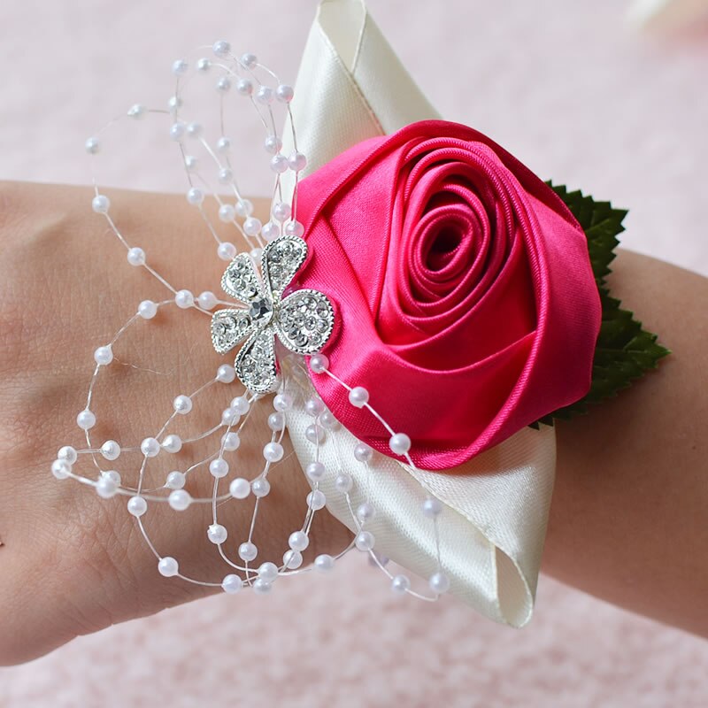 Bruidscorsage, bruidscorsage, polscorsage, parelarmband, handgemaakt polsbloemetje, bruidsmeisjeshandbloemen: Felroze