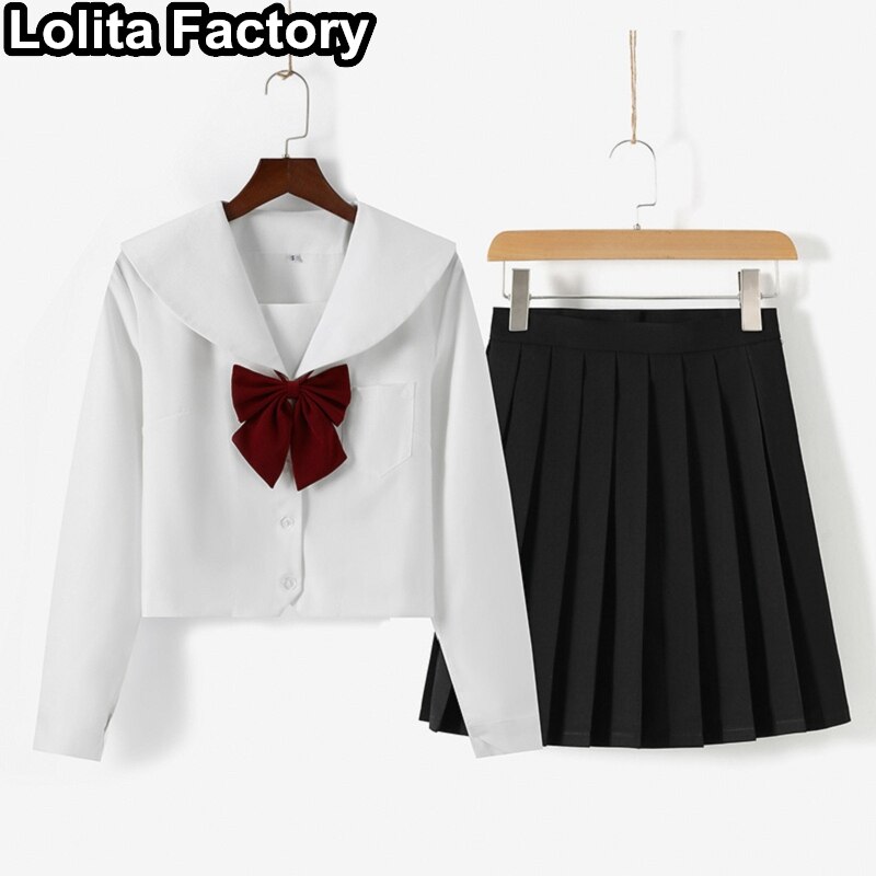 Japanese Women JK uniform red bow Short/long Sleeve School Uniforms For Girls College Sailor Pleated Skirt JK Sets Uniform: style 1 Long sleeve / S