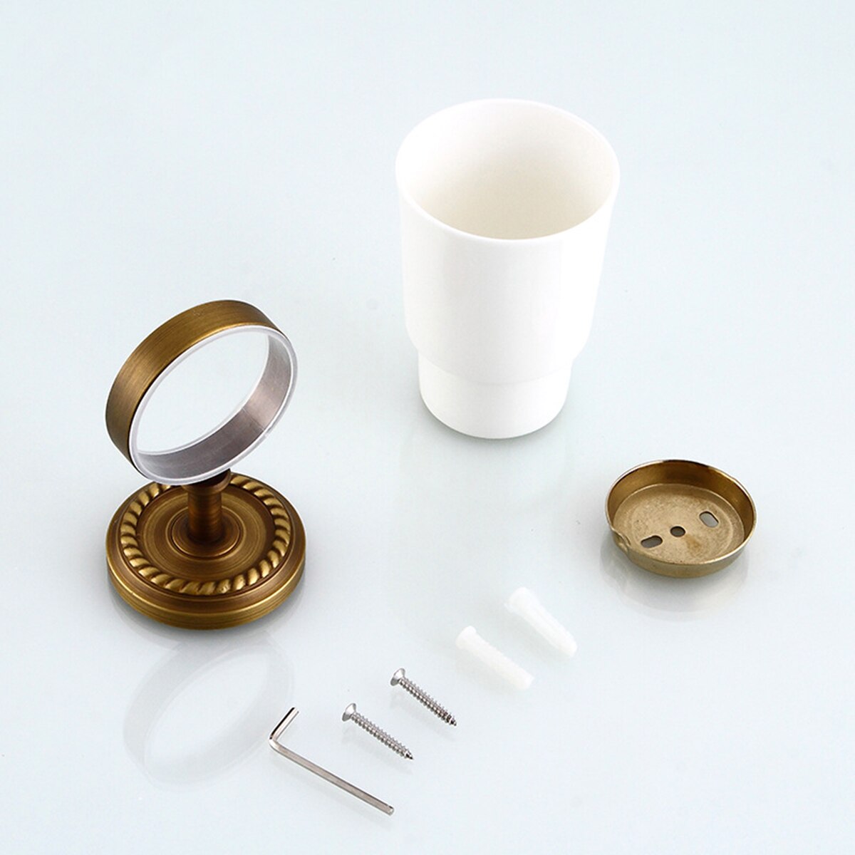 Soporte de taza doble Vintage antiguo de cobre montado en la pared cepillo de dientes soporte de tazas de cerámica para el Hotel del baño del hogar