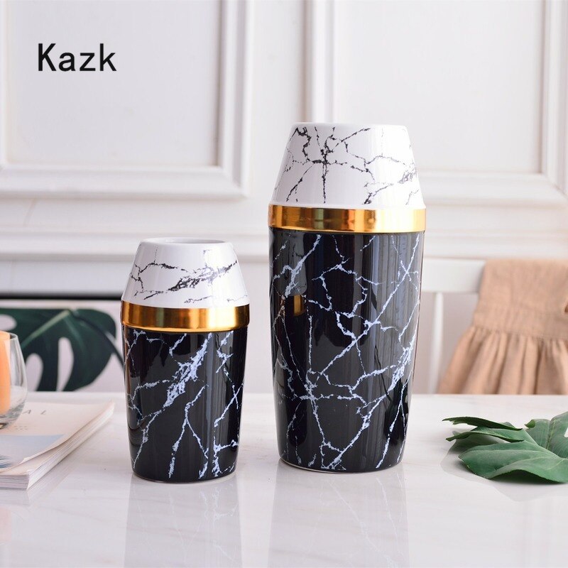 nordisch Moderne Weiß Schwarz Marmor aufbringen Vase Gold Rand Handwerk Keramik Vermittlung Blume Vase Wohnzimmer Dekoration Zubehör