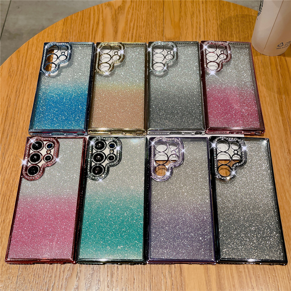 Custodia per telefono trasparente con diamanti con strass glitterati placcati di lusso per Samsung S23 ultra S22 più coperchio morbida e trasparente a colori sfumati