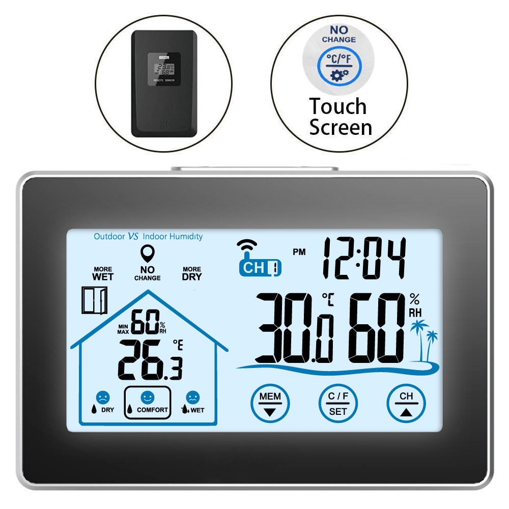 Weerstation met Outdoor Sensor Digitale Thermometer Hygrometer voor Binnen en Buiten Backlight Huidige Tijd Zwart