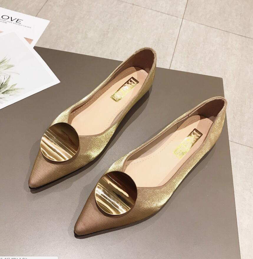 Soft Roll-up ballerina flats woman famous brand curl metal decor moccasins feminina silk pointy espadrilles ladies shoes creeper: Gold / 6