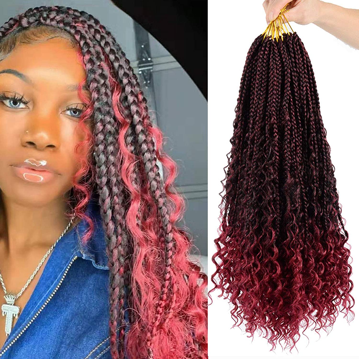 box braid crochet hair for black women Crochet Braids with Curly Ends 16 Strands/Pack Crochet Box Braids Hair: T1B/Burgundy / 9Pcs/Lot