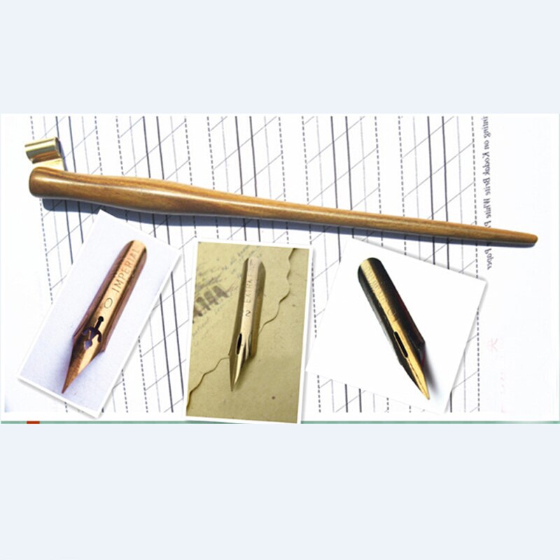 Hand Made Solid Wood Oblique Calligraphy Copperplate Script Hand Writing Dip Pen Set with 3 Nibs