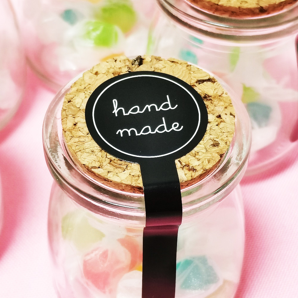 100 Stück runde Kopf-schwarze handgefertigte Waren-Etiketten, selbstklebende Aufkleber zum Backen von Kuchen, Box, DIY-Dekorationspaket