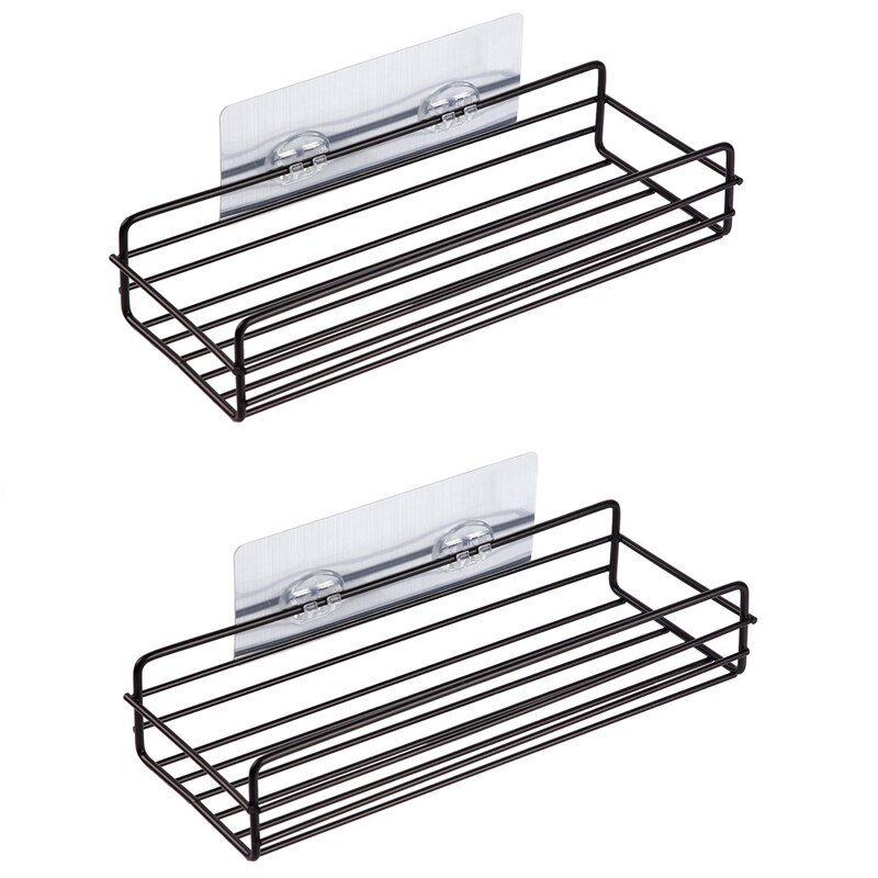 Estante de hierro para baño, soporte de pared para almacenamiento de champú, sin perforaciones, para cocina y ducha: 2 PCS Long Black
