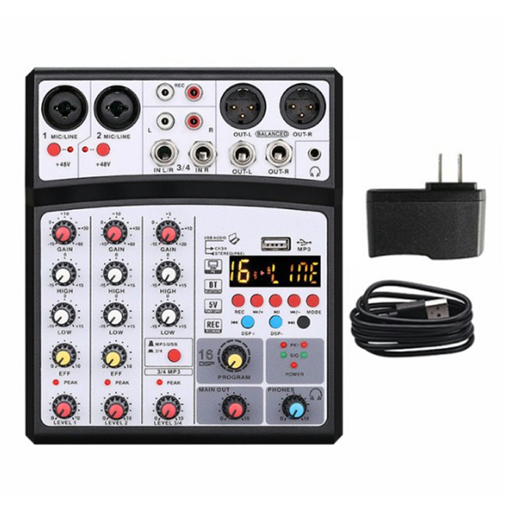 Tragbares mini-audio-dj-mixer-pult mit 4- kanälen, soundkarte, usb , 48v und phantomspeisung für pc-aufnahmen, gesang, webcasts und partys: Weißer us-stecker