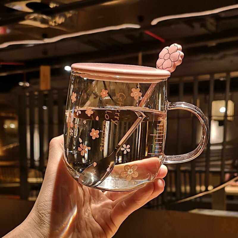 Taza de café de cristal con flor de cerezo, vaso con cuchara, amantes de la personalidad, para café, zumo, té, desayuno, utensilio para bebidas, 500ml: D