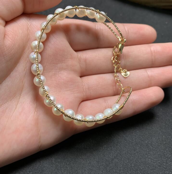 14K Gold Wrapped Handgemaakte Bangle Zoetwater Parel Hand Rij Bangle Krijgen Een Neus Strip Gratis