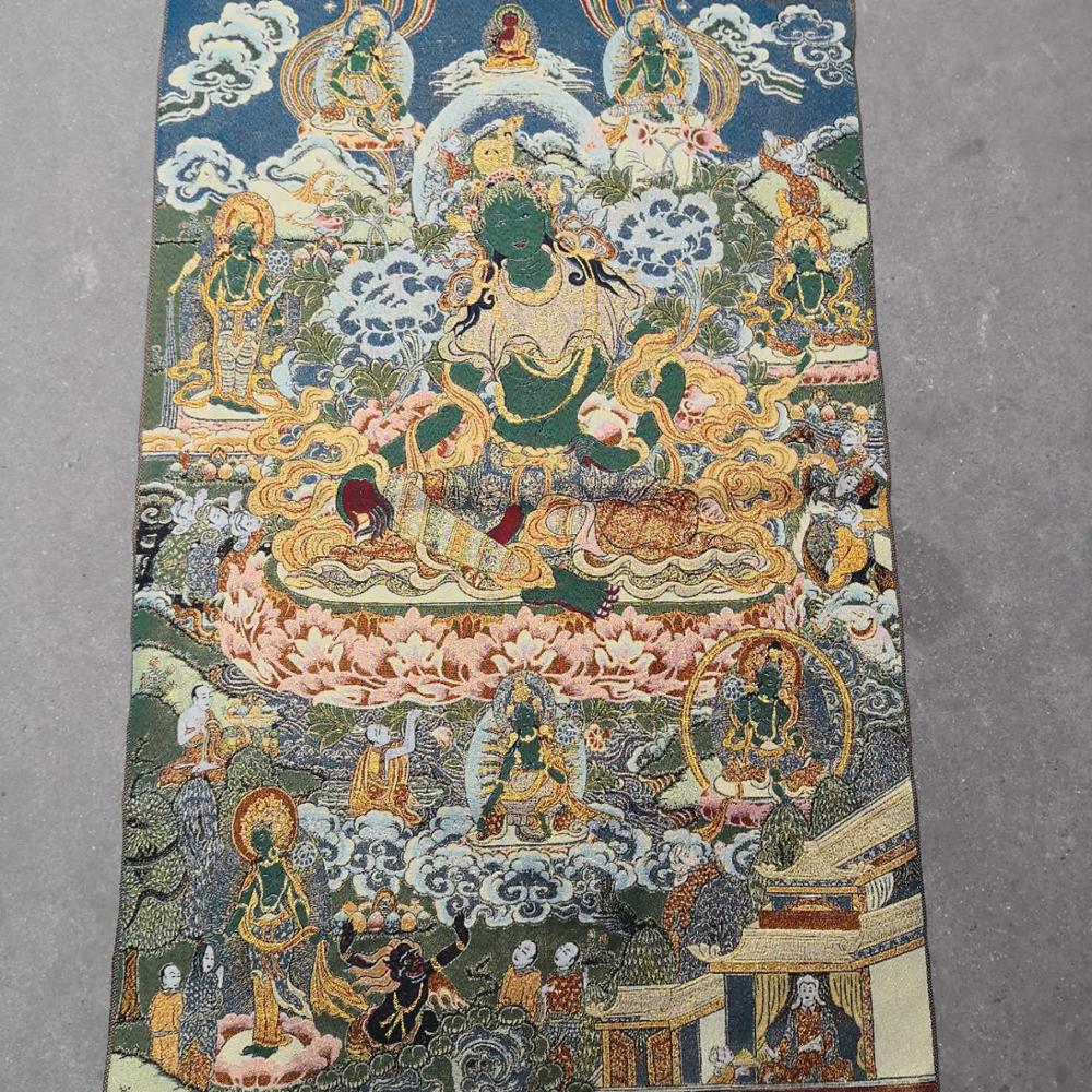 36 inch Chinese Folk Silk embroidery Green Tara Mahayana Buddhism Thangka Painting Mural