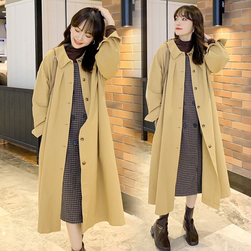 Trench-coat à col rabattu pour femme enceinte, manteau de grande taille, couleur unie, automne-hiver