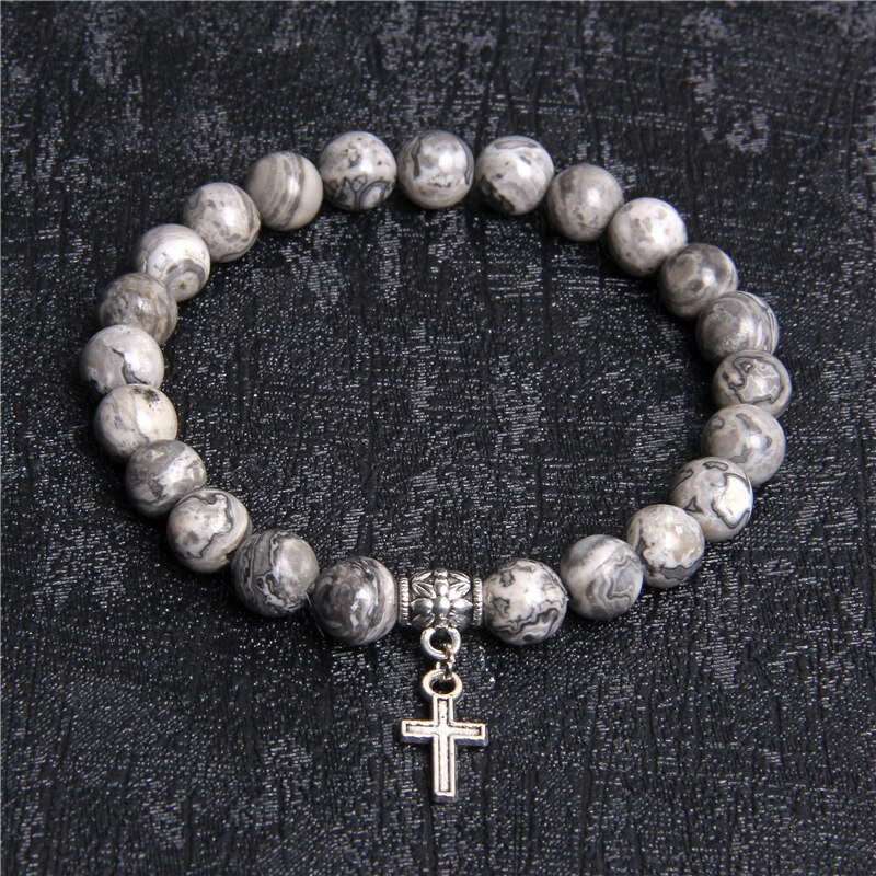 Natuurlijke kaart rhodochrosiet 8mm stenen kralenarmband voor dames, dames, pierre, zilverkleurig, metalen kruis, metalen bedelarmbanden voor dames