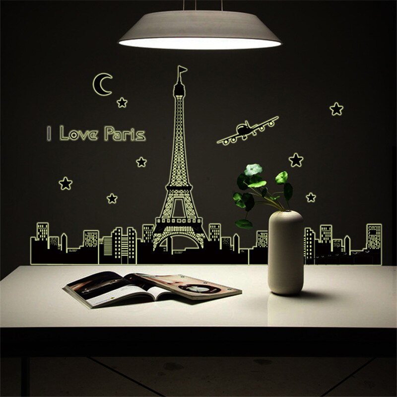 Panoramic I Love Paris Eiffel Tower Wall Sticker Quote Luminous City Night View Home Decor Decal Bedroom Fluorescent Wallpaper