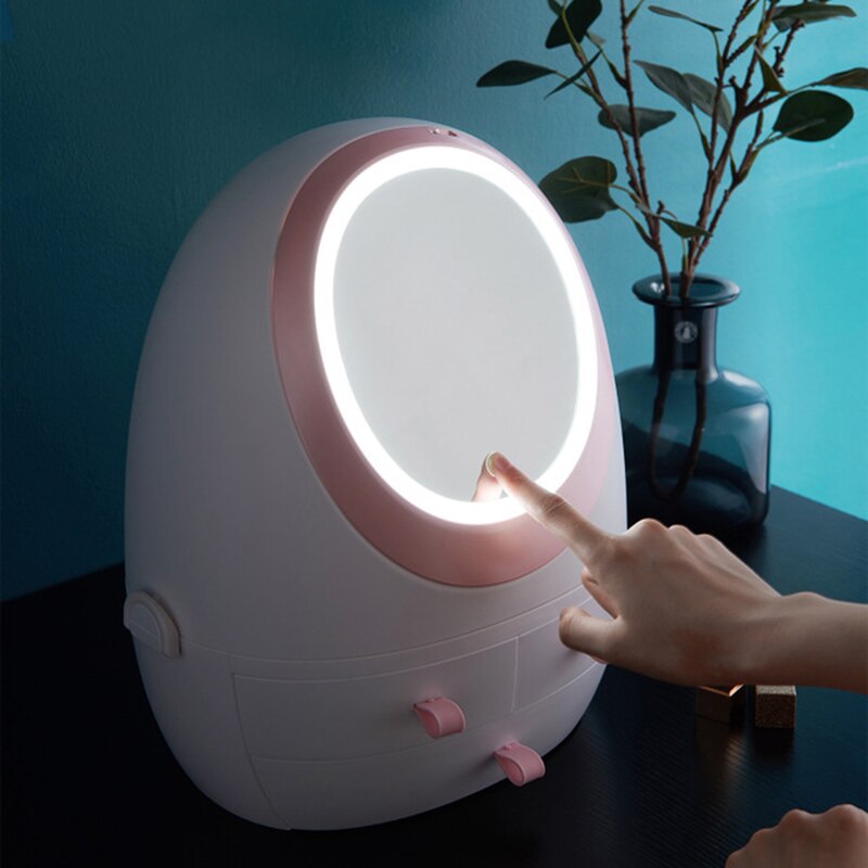 Big Mirror Smart LED Makeup Mirror Can Storage Skin Care LED Light Dust-proof Dressing Table Storage Mirror: White With LED