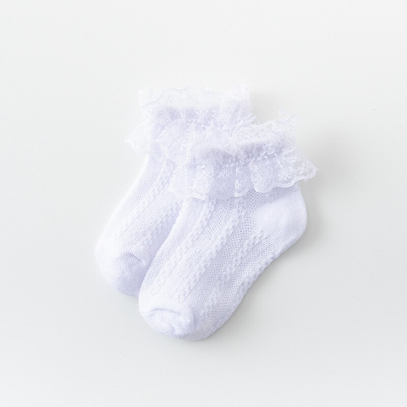 Blonde flæsestrømper børn åndbar bomuldsnet baby pige ankel korte sokker billige ting ensfarvet prinsesse børn sok småbørn: Hvid -1pc / 2-3 år gammel