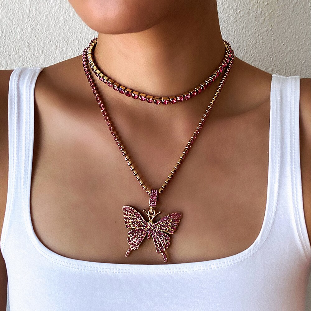 Iced para fora colar de borboleta feminino strass corrente gargantilha na moda bling chocker colares 2020 moda luxo jóias presente