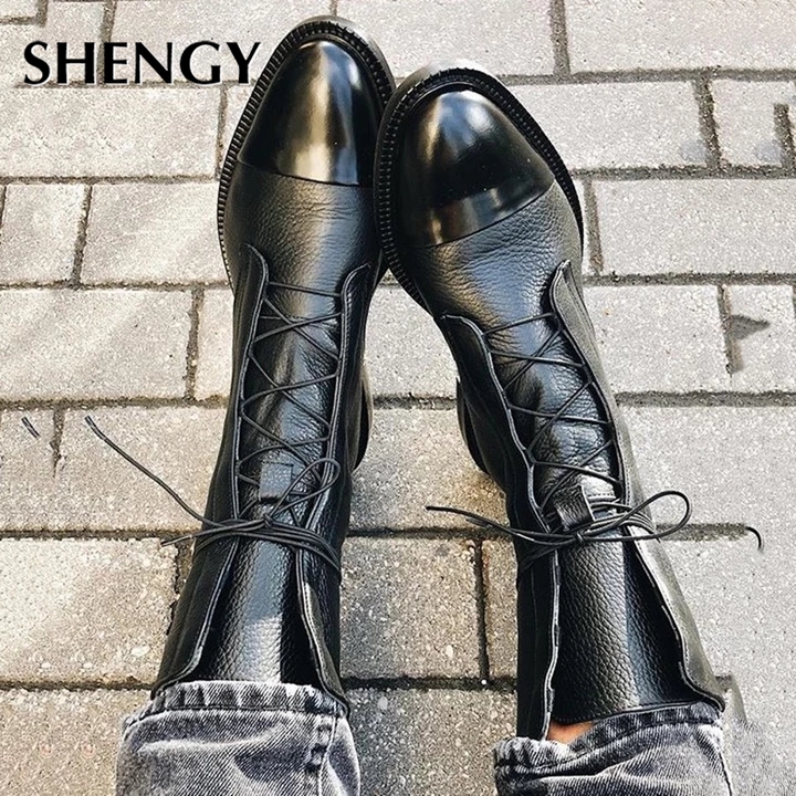 SHENGY-Botas planas de charol de estilo británico para mujer, botas en Punta Negra, botas de moto guapas