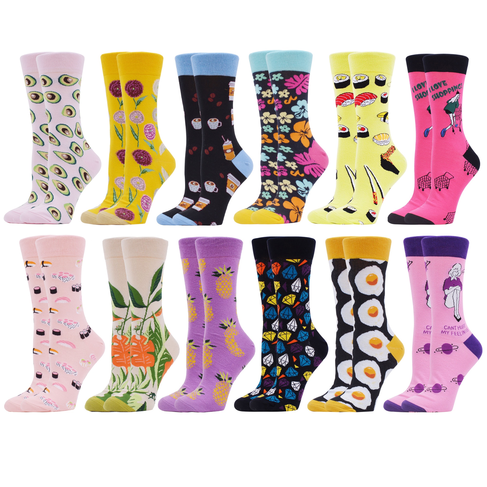 SANZETTI 12 Pairs Women Socks Combed Cotton Colorful Fun Happy Cute Sushi Flowers Pattern Wedding Dress Popular Socks