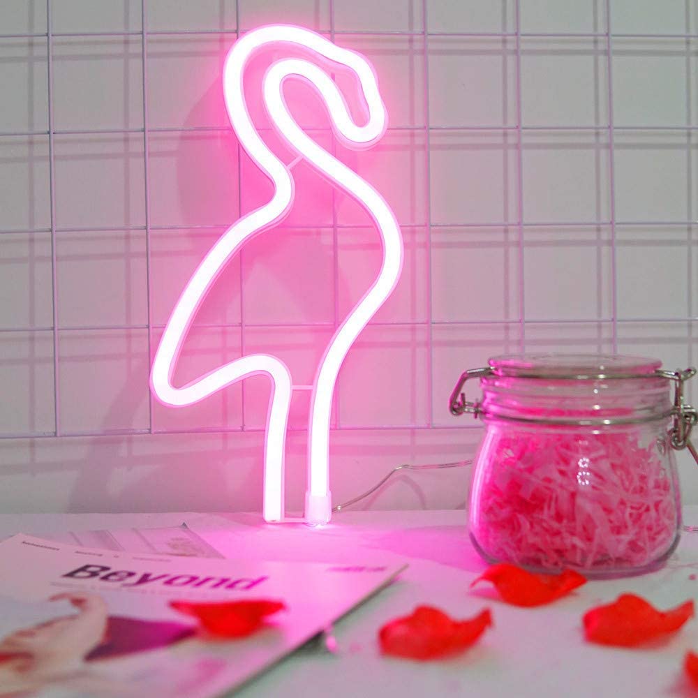Lámpara de luz LED de neón con de flamenco para niños, lámpara de noche con batería, funciona con USB, para dormitorio, sala de estar, de boda,