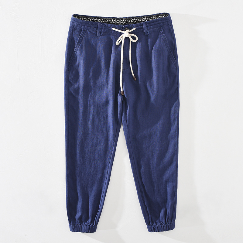 Män & #39 ;s sommar casual ankellånga byxor naturligt rent linne byxor solid vit elastisk midja dragsko man haremsbyxor  y2505: M / Marinblå