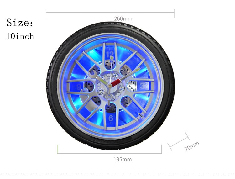 Creatieve autoband led verlichting wandklok 10-inch ronde plastic ornamenten Huishoudelijke quartz wandklok bar thema opknoping klok