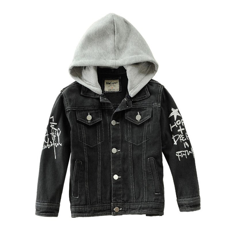 Black Denim Jacket Kids Print Children Jean Coat With Hood For Teen Boys 100-160 CM Outewear LC083: BLACK / 150CM