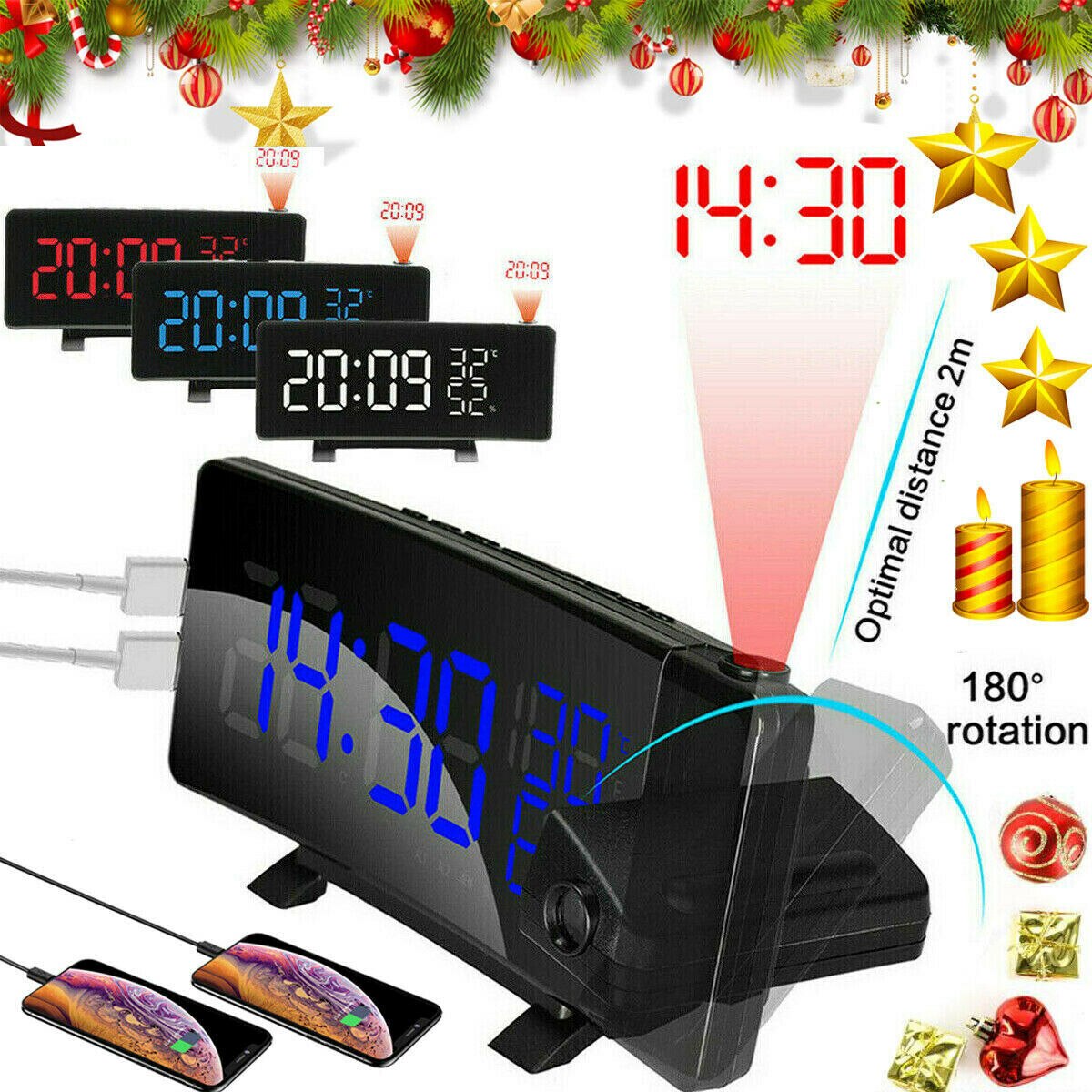 3 Color LED Digital Alarm Clock Radio Projection With Temperature And Humidity Mirror Clock Multifunctional Bedside Time Display