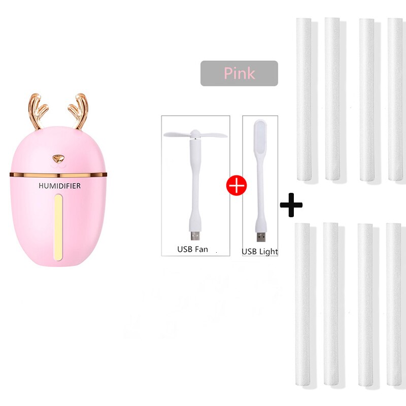 450ml grote capaciteit schattige herten luchtbevochtiger nachtlampje usb-oplaadbaar aromatherapie etherische olie luchtverspreider mistmaker voor in de auto: 3 in 1 roze 10 filters