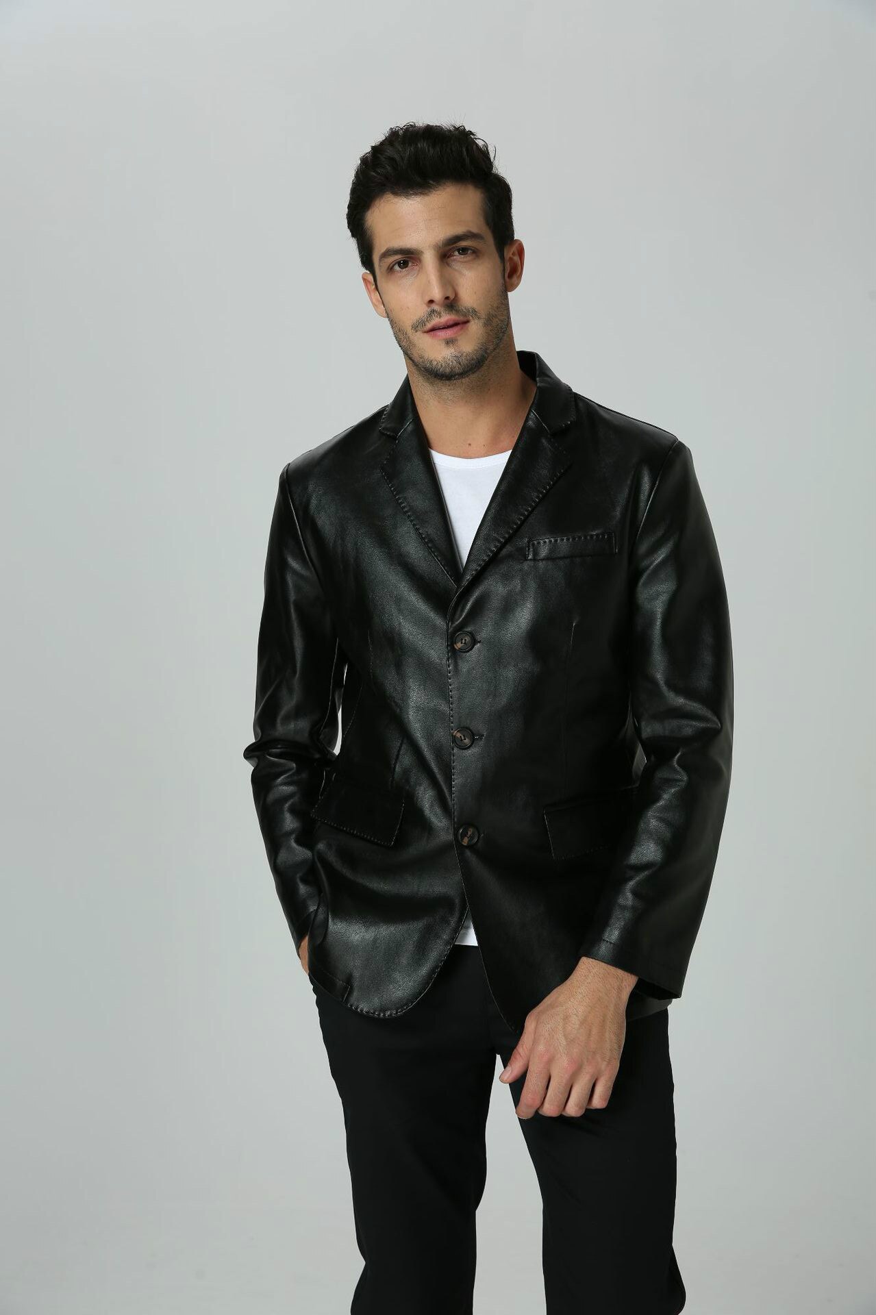 Brun imiteret læder blazer casual business pu læder slim fit plus size jakkesæt til drenge langærmet mandlig jakkesæt blazer: Sort / L