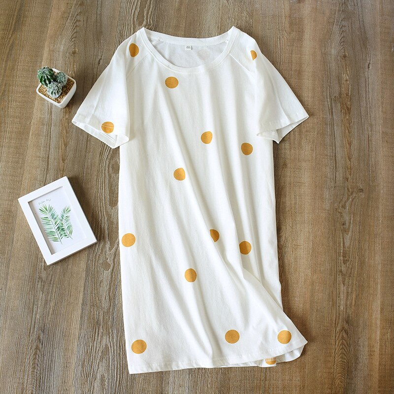 July's Lied Katoen Comfort Nachtkleding Crew Hals Sleepdress Voor Vrouwen Korte Mouw Polka Dot Cartoon Gedrukt Nachtkleding Homewear