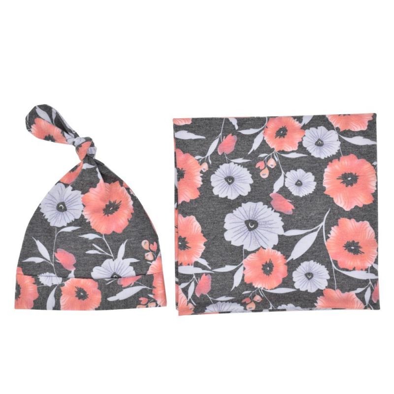 Baby Wraps Cotton Wraps Hat Set Cartoon Flower Printed Cotton Wraps Knotted Tire Cap Two-piece Set Receiving Blankets